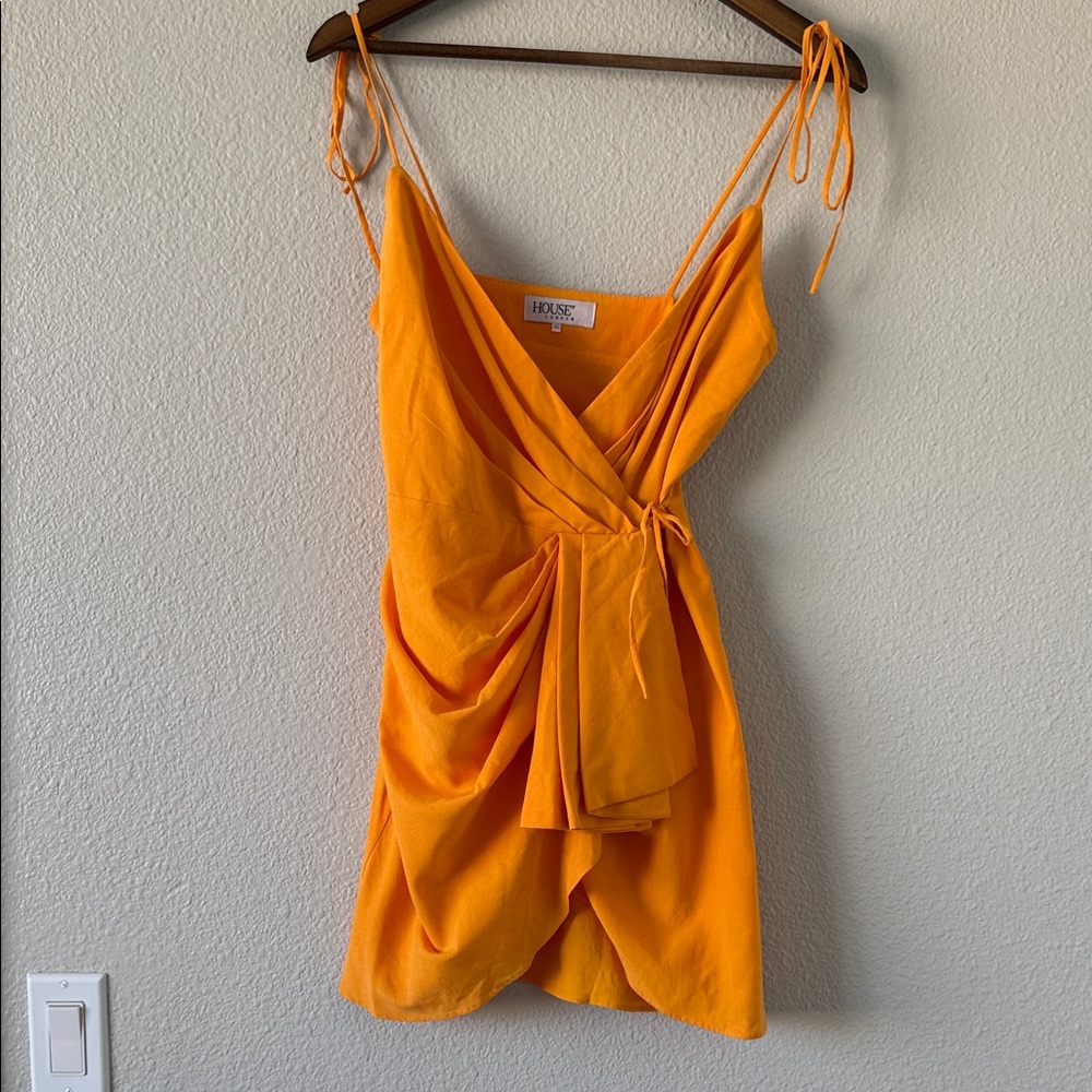 House of CB Carolina Mango Orange Yellow Wrap Strappy Pleated Mini Dress XS - Picture 2 of 8